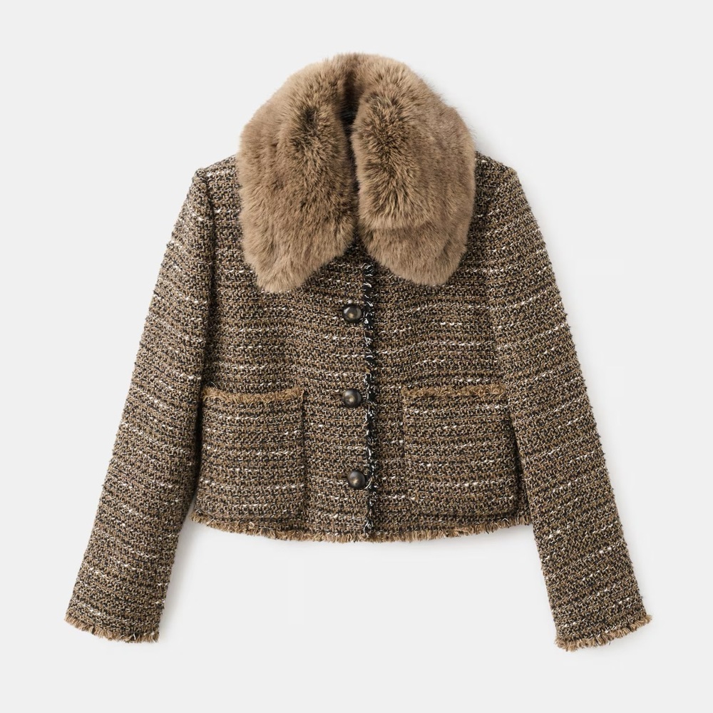 Mango Tweed Jacket with Faux Fur Collar